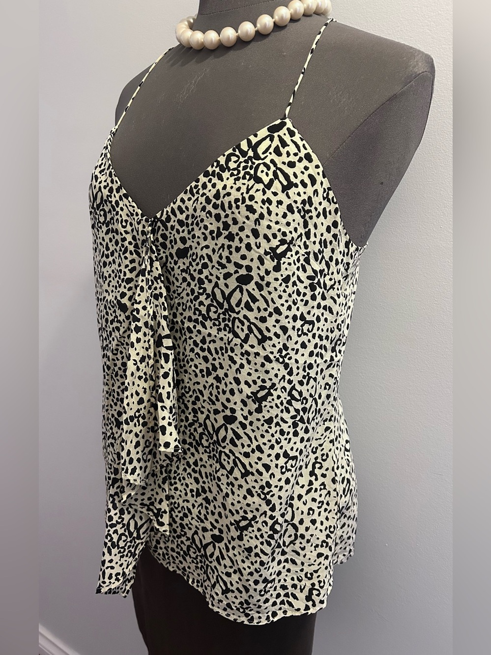 Central Park West 100%Silk Cheetah Ruffle Black White Tank Top Camisole